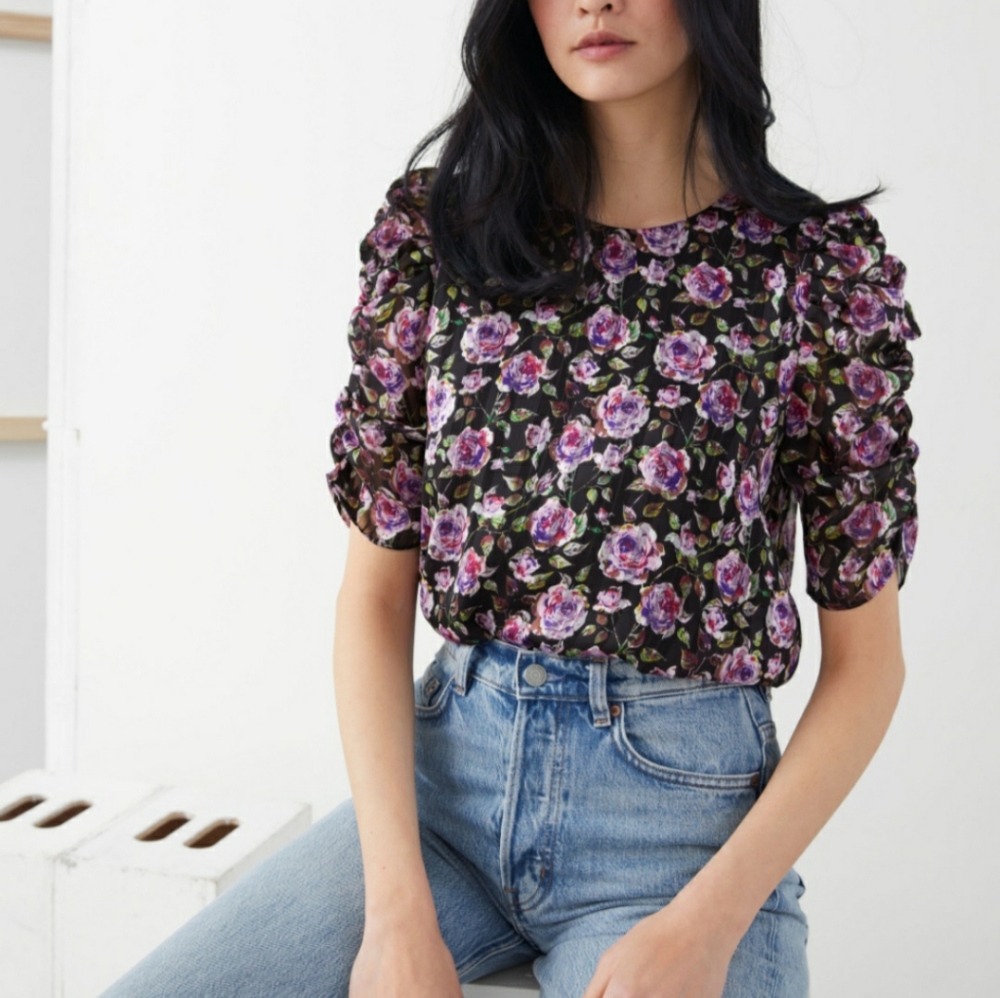 & Other Stories Purple Metallic Puff Sleeve Blouse